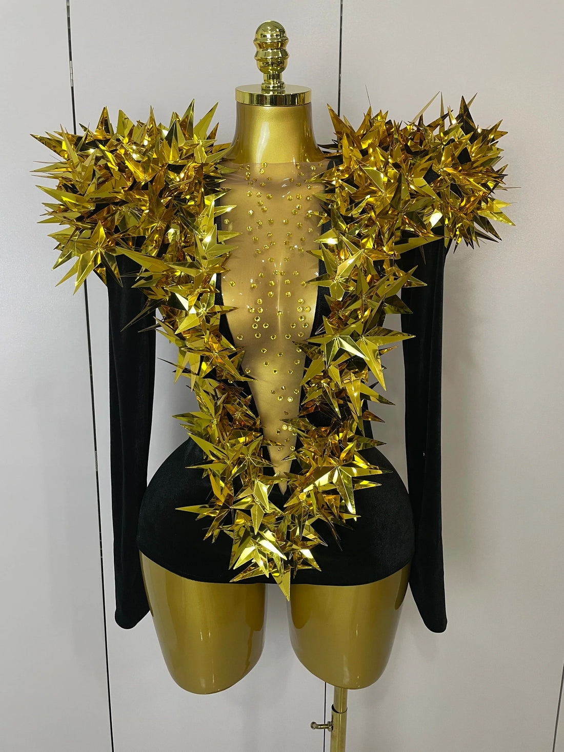 Shiny Gold Rhinestone Black Velvet Long Sleeve Bodysuit Women Evening Party Club Gala Hosts NightClub Bar Stage Costumes Gold