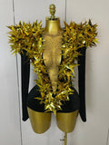 Shiny Gold Rhinestone Black Velvet Long Sleeve Bodysuit Women Evening Party Club Gala Hosts NightClub Bar Stage Costumes Gold