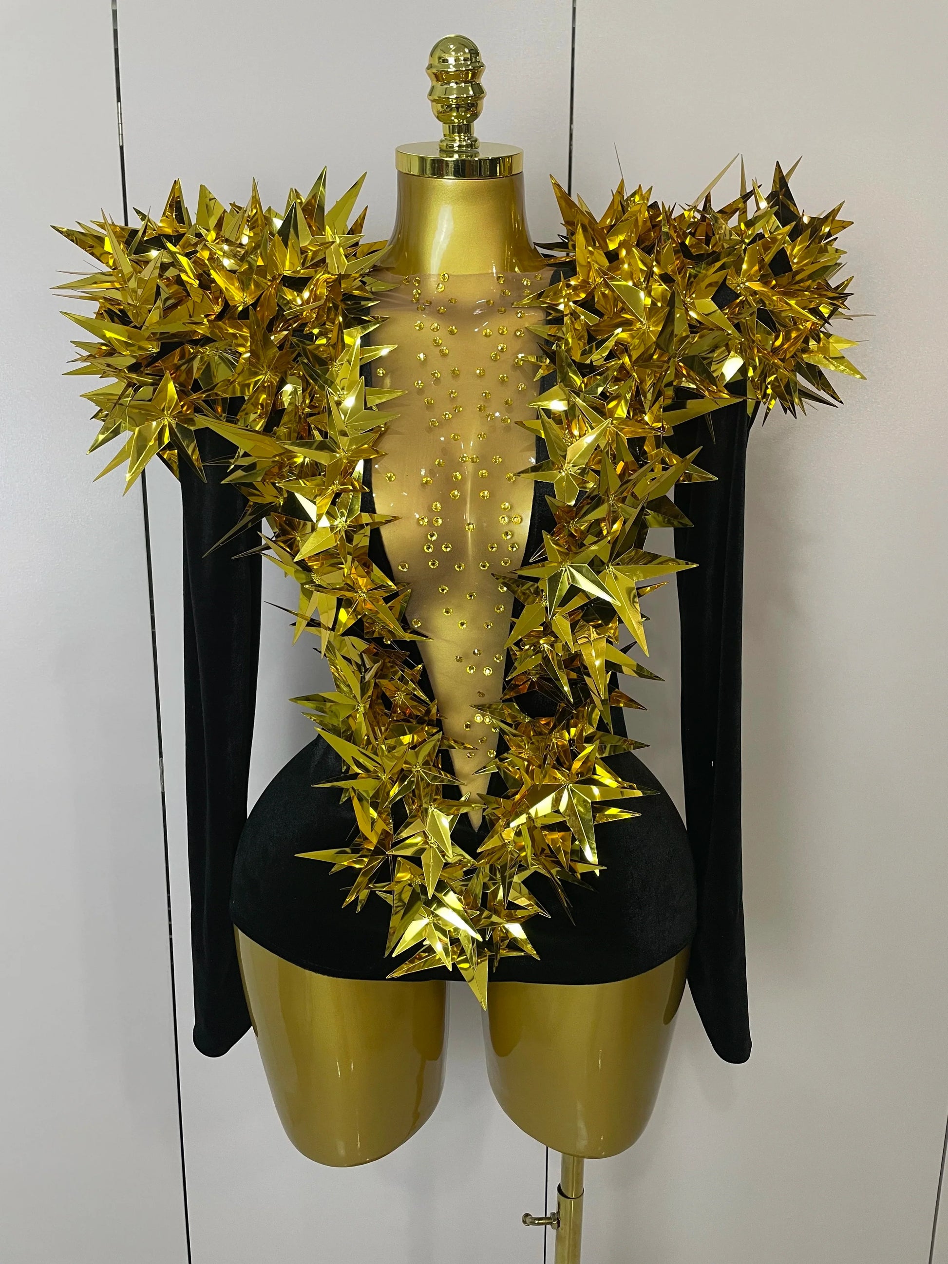 Shiny Black Rhinestone Velvet Long Sleeve Bodysuit Women Evening Party Club Gala Hosts NightClub Bar Stage Costumes Gold