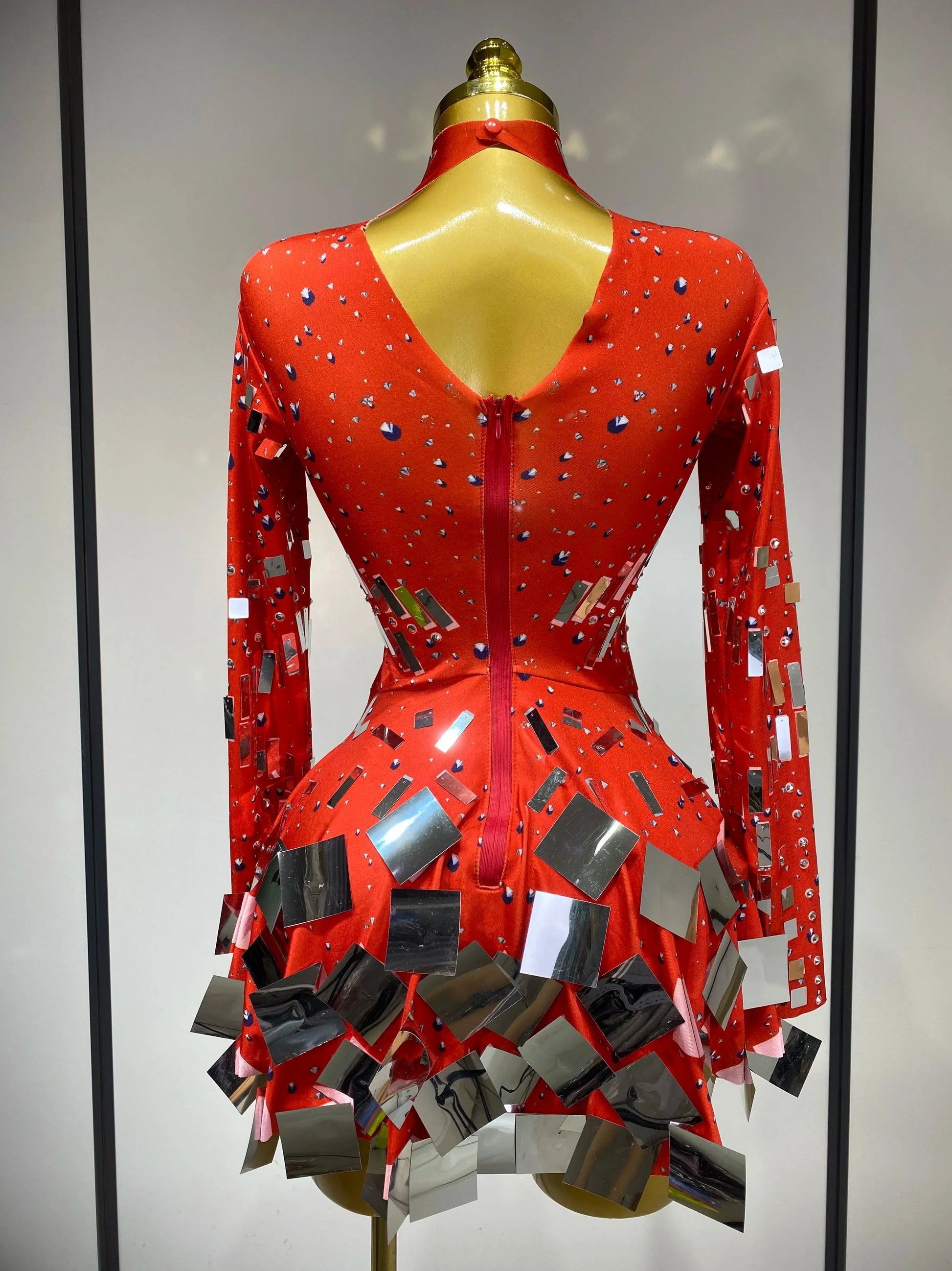 Women Sexy High Elastic A-Line Long Sleeve Dress Performance Costume Sparkly Nightclub Evening Party Hotwife Stage Outfit