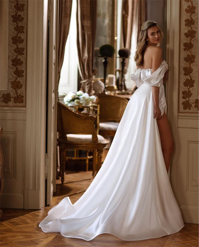 Sweet Wedding Dresses A Line Soft Satin Off The Shoulder Bridal Gowns Side Split Floor Length Wedding Party Gowns