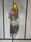 Sparkly Rhinestone Tassels Sexy Mesh See Through Dress Women Evening Party Luxury Birthday Nightclub Perform Stage Costume