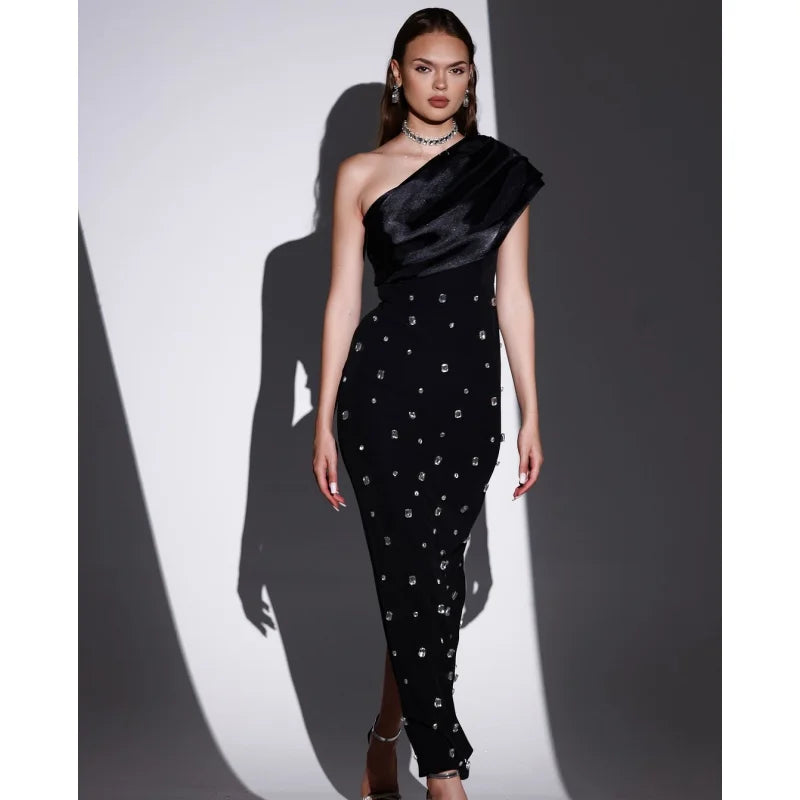 2 Colors Shining Diamonds Oblique Shoulder Ankle Length Bandage Dress Graceful Woman Party Dress Celebrity Party Vestido black