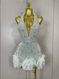 Luxury Shiny Diamonds Pearl Flowers Deep V Halter Short Dress Women Celebrate Eveing Celebrity Birthday Party Dress WHITE