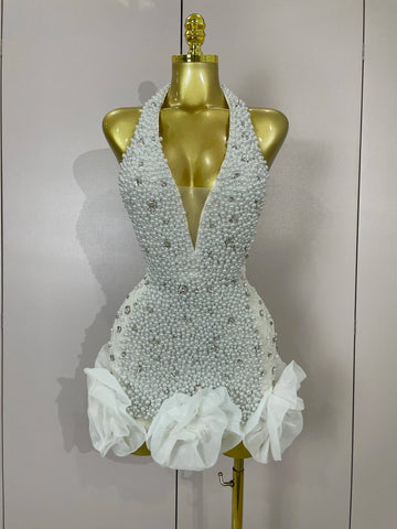 Luxury Shiny Diamonds Pearl Flowers Deep V Halter Short Dress Women Celebrate Eveing Celebrity Birthday Party Dress WHITE