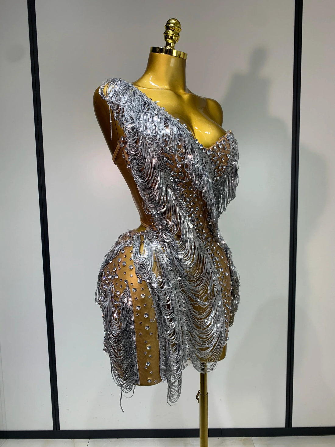 Sparkly Rhinestone Tassel Mesh Dress Nightclub Dance Stage Performance Costume Evening Party One shoulder Nigtclub Mini Dress