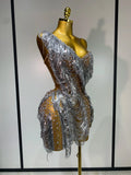 Sparkly Rhinestone Tassel Mesh Dress Nightclub Dance Stage Performance Costume Evening Party One shoulder Nigtclub Mini Dress