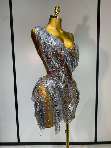 Sparkly Rhinestone Tassel Mesh Dress Nightclub Dance Stage Performance Costume Evening Party One shoulder Nigtclub Mini Dress