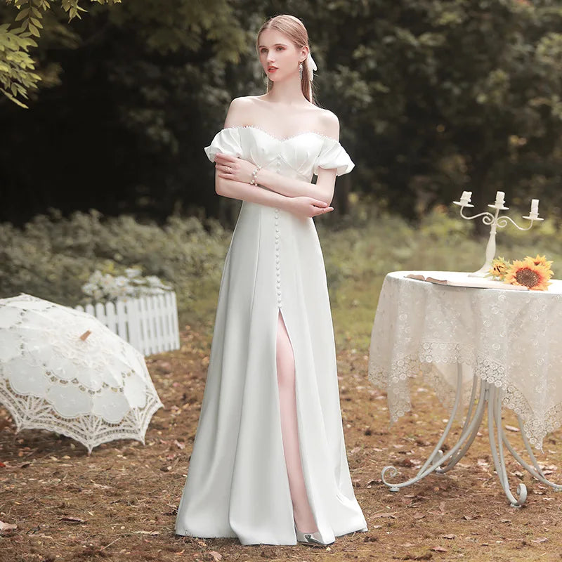 Vestido de novia de satén blanco francés con cuello barco y manga abullonada, elegante, Sexy, con abertura frontal, largo de noche, vestido Formal de fiesta para mujer