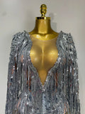 Sparkly Sequin Tassels Long Sleeve Silver Bodysuit Bar Women Singer Show Costume Celebrate Outfit Evening Dance Stage Outfit