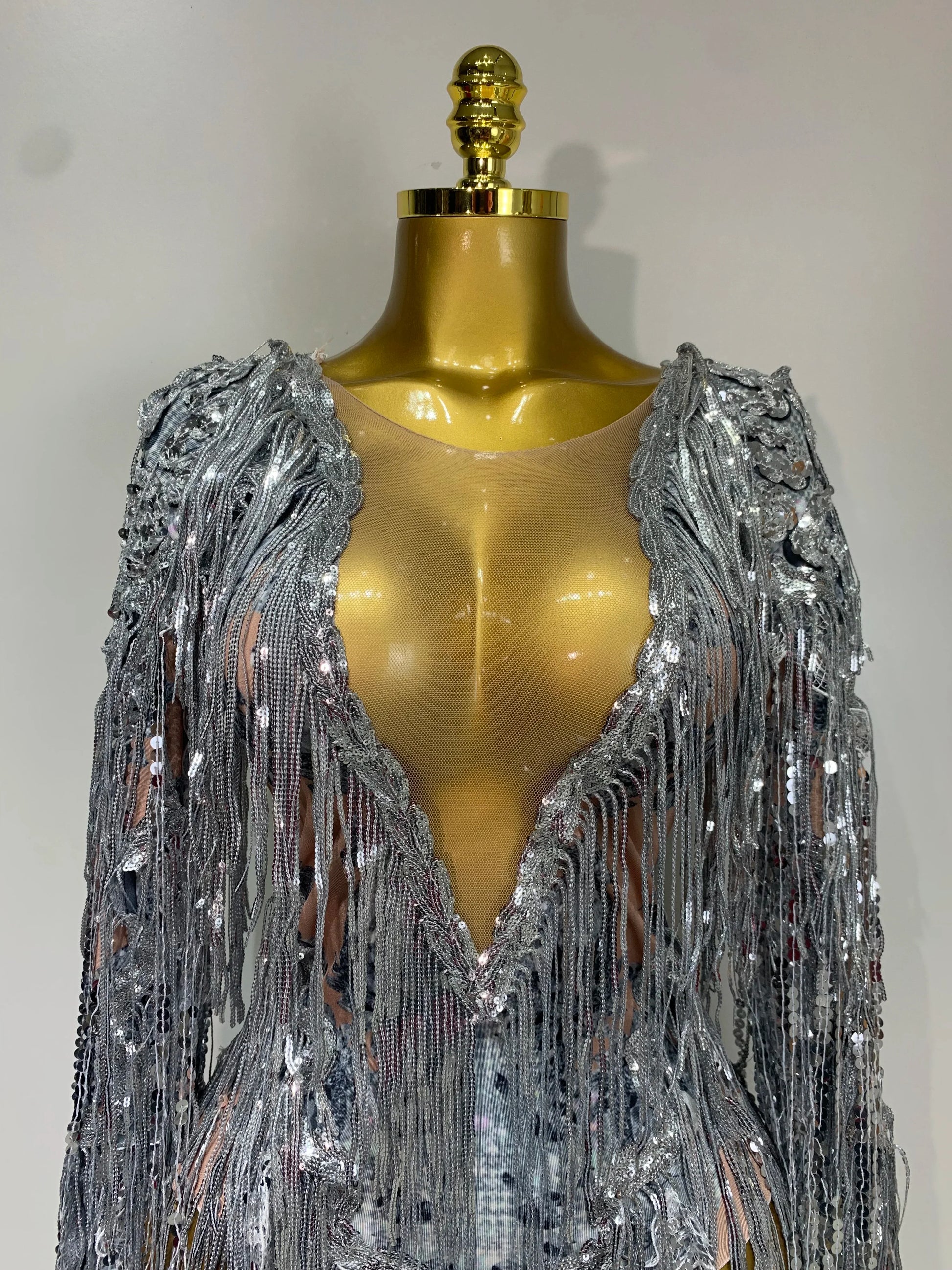 Sparkly Sequin Tassels Long Sleeve Silver Bodysuit Bar Women Singer Show Costume Celebrate Outfit Evening Dance Stage Outfit