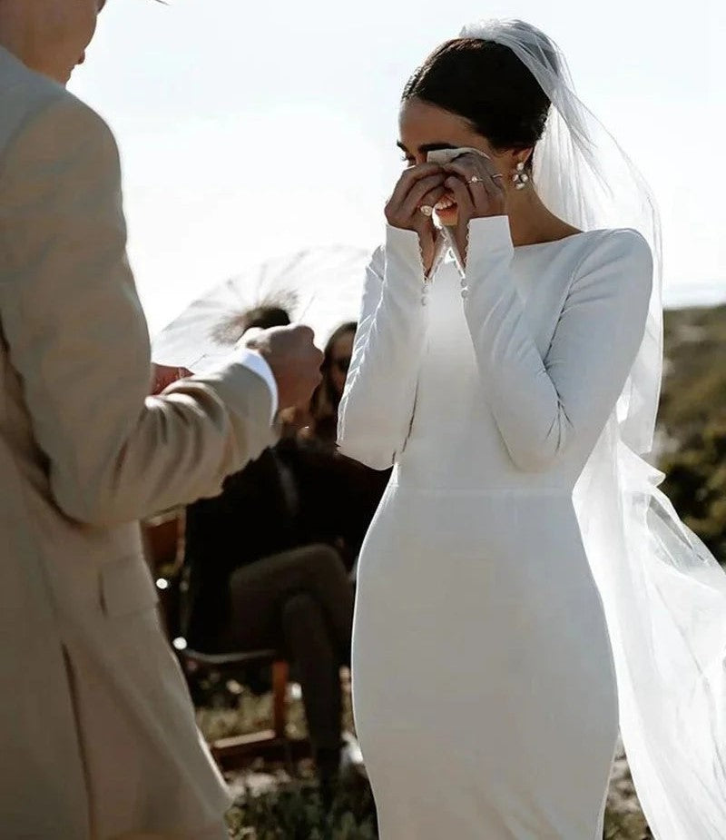 Gaun pengantin lengan panjang elegan putri duyung seksi perahu leher gaun pernikahan menyapu kancing backless vestido de noiva