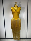 Sexy V Neck Yellow Tassels Women Prom Dress Sheath Sleeveless Party Gown Elegant Formal Luxury Birthday Club Dresses Gold