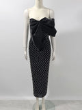 Sexy Women's Heavy Industry Nail Bead Dress Shoulder Collar Bodycon Backless Midi Dress Cocktail Evening Party Vestidos black