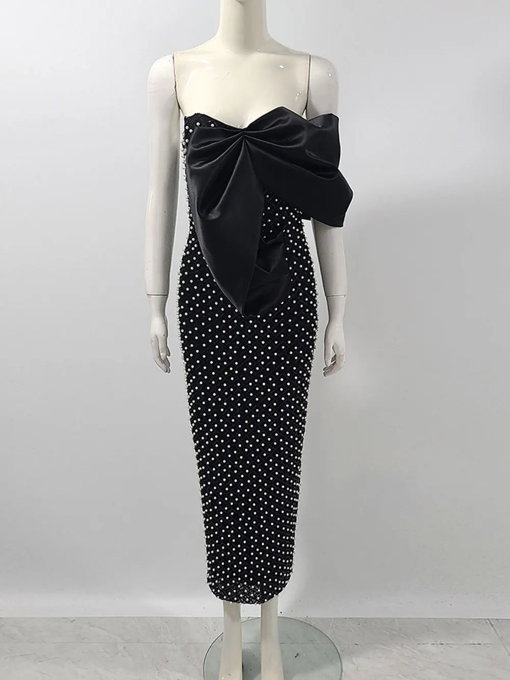 Sexy Women's Heavy Industry Nail Bead Dress Shoulder Collar Bodycon Backless Midi Dress Cocktail Evening Party Vestidos black