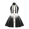 New Summer Women's Black and White Stripe Button 3D Rose Halter Backless Pleated Sexy Sleeveless Knitted Mini Dress Black