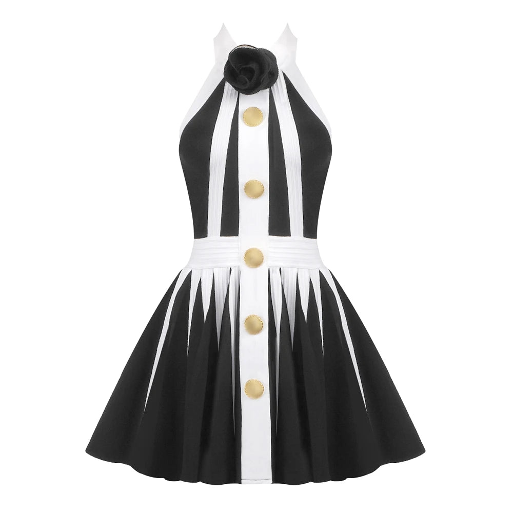 New Summer Women's Black and White Stripe Button 3D Rose Halter Backless Pleated Sexy Sleeveless Knitted Mini Dress Black