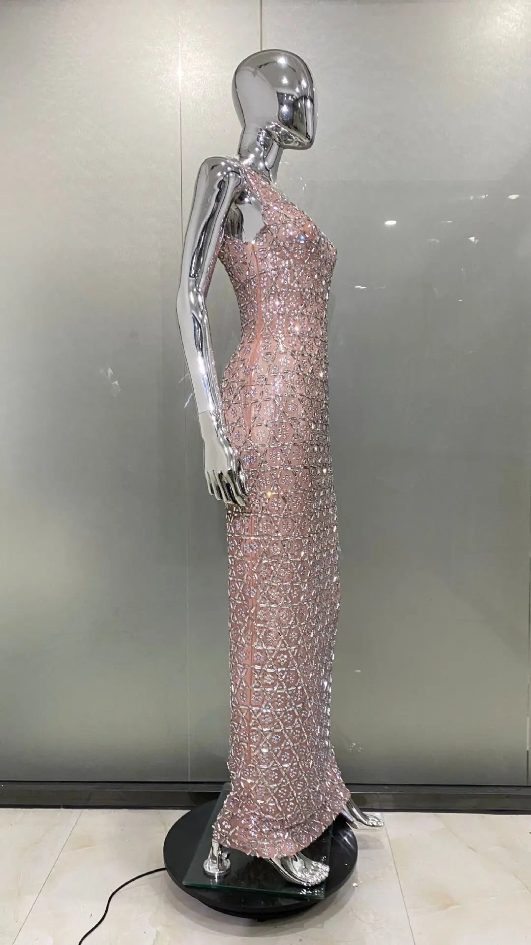 Super Shining Diamonds Sexy Mesh See Through Bodycon Long Dress Fashion Woman Evening Party Dress Stage Performance Costume
