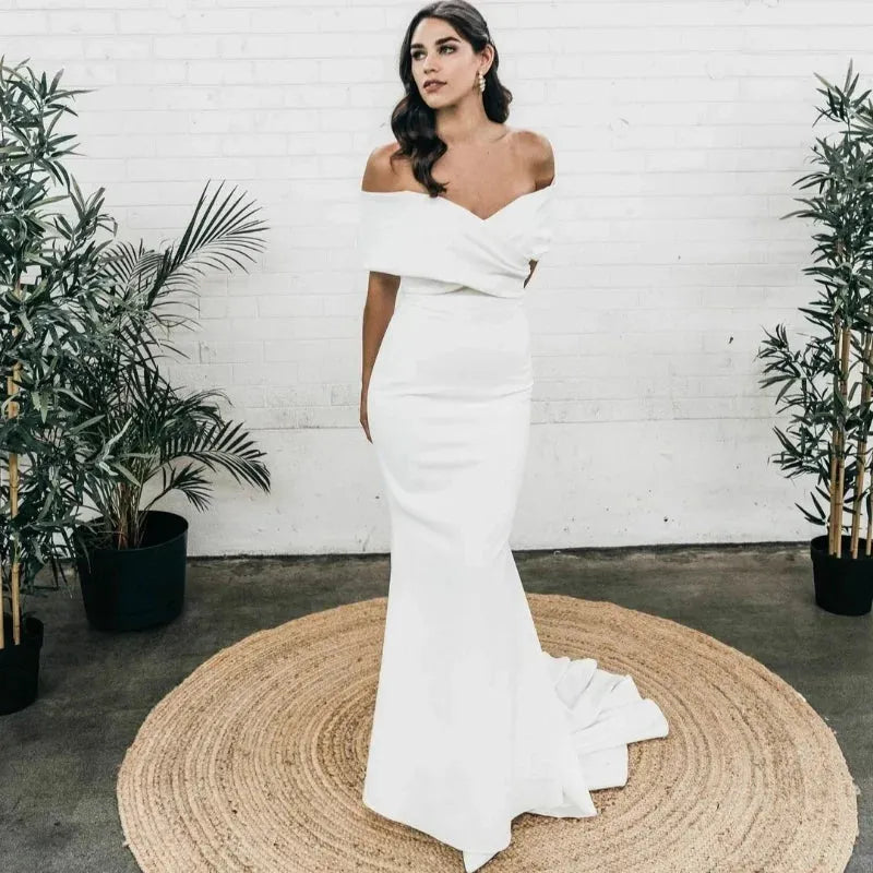 Sexy V Neck White Ivory Off Shoulder Wedding Dresses Zipper Back Soft Satin Robes De Mariée Backless Bridal Gown for Women 14w