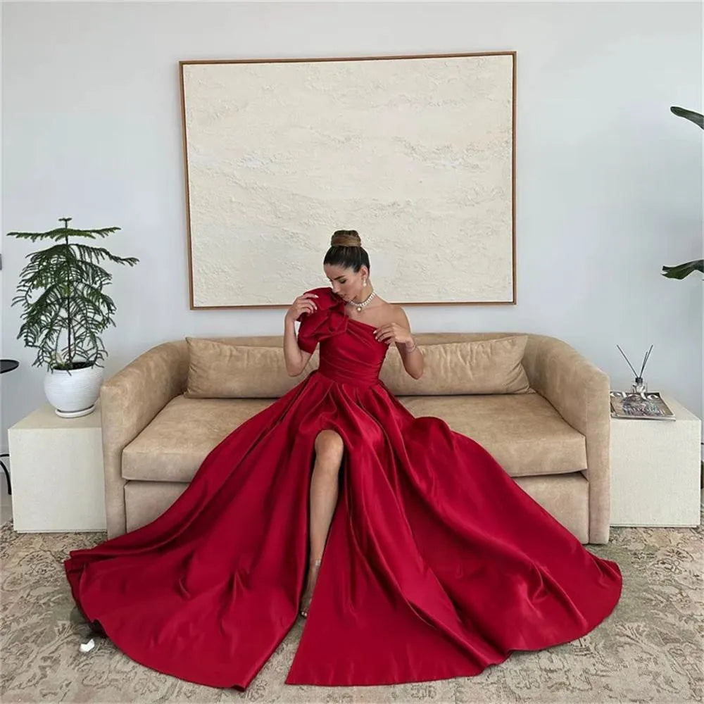 Burgundy One Shoulder فساتين سهره فاخره Elegant Sleeveless Satin Prom Dresses Floor-Length Court Train Vestidos De Noche