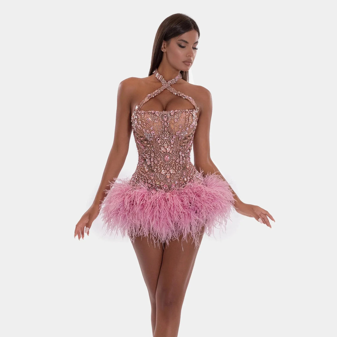 Luxury Crystals Beading Short Prom Dresses Pink Halter Feathers Mini Cocktail Dress vestidos de gala mujer Gala Event Party Gown Pink