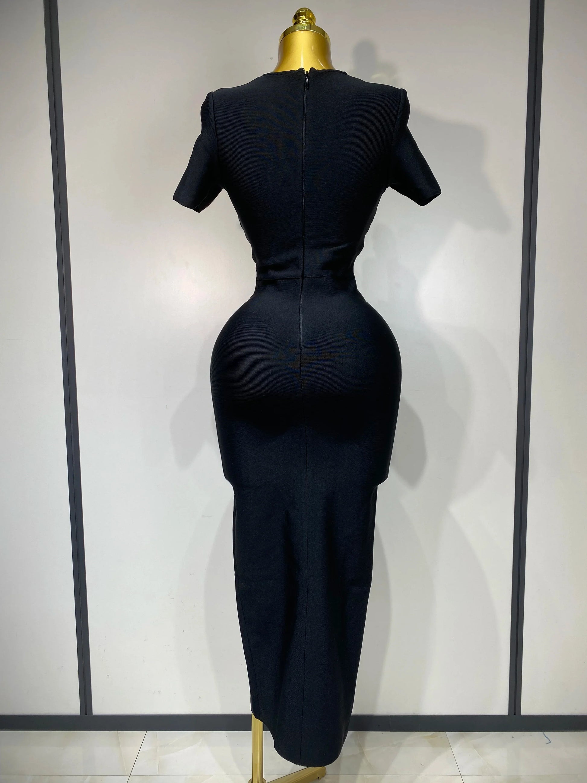 Women Sexy Cut Out Short Sleeve Bodycon Long Dress Party Evening Celebrate Birthday Black Bandage Knitted Club Prom Gown