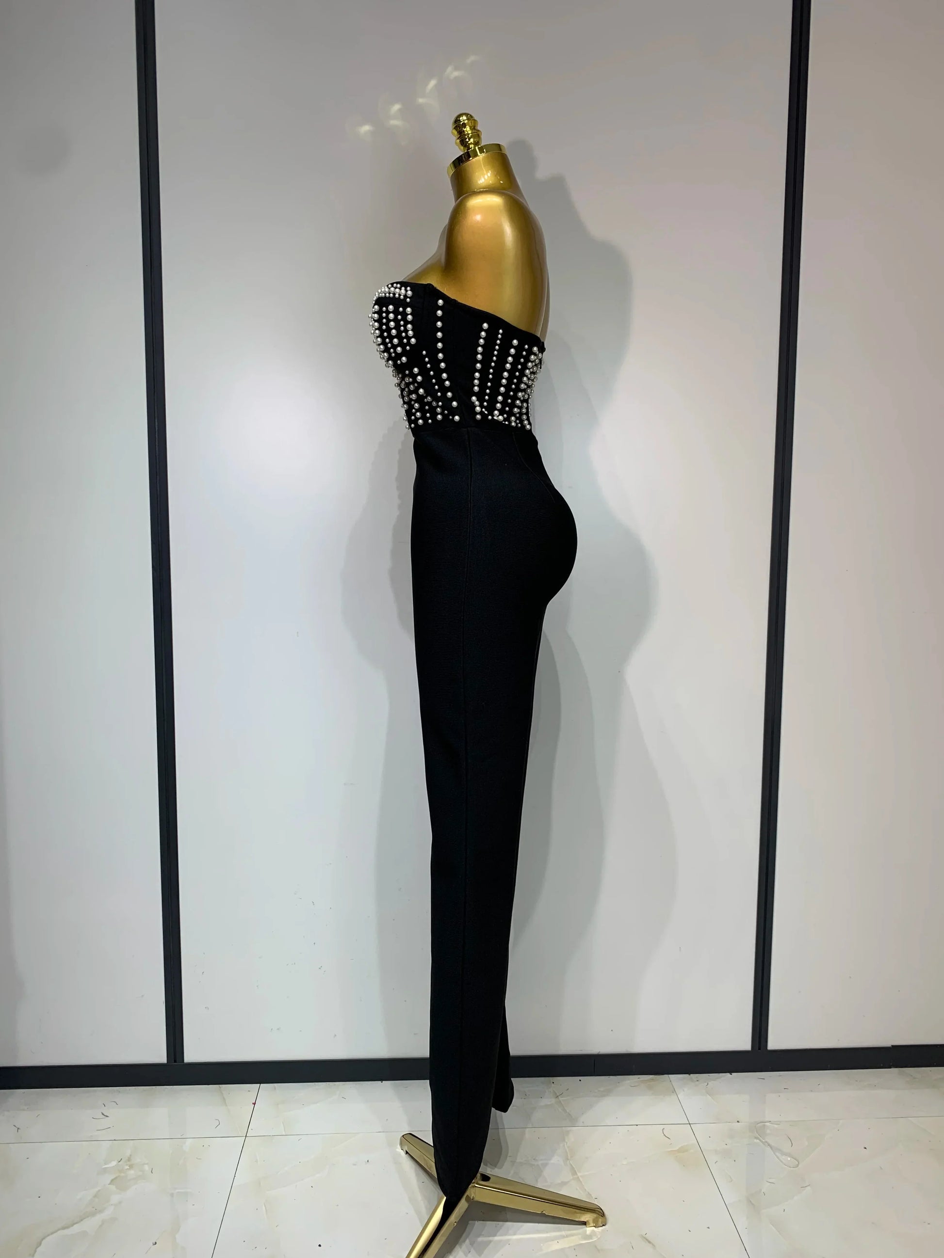 Women Sexy Black Sleeveless Backless Pearls Beaded StraplessBeading Bodycon Bandage Jumpsuit Evening Party Birthday Club Outfit