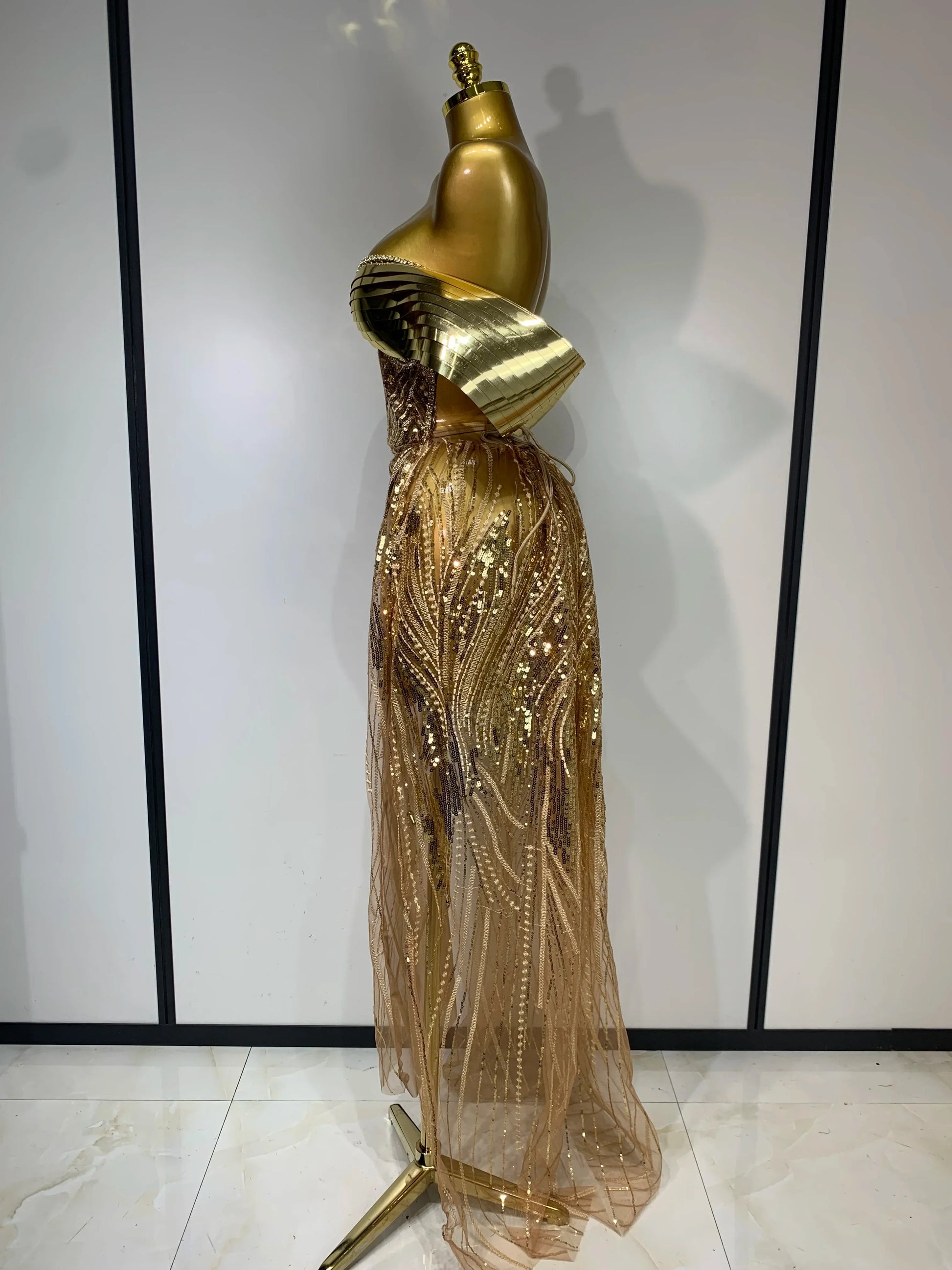 Sparkly Gold Long Dress Luxury Rhinestone Sequins See Thourgh Birthday Gown Sexy Off Shoulder Performance Singer Costume