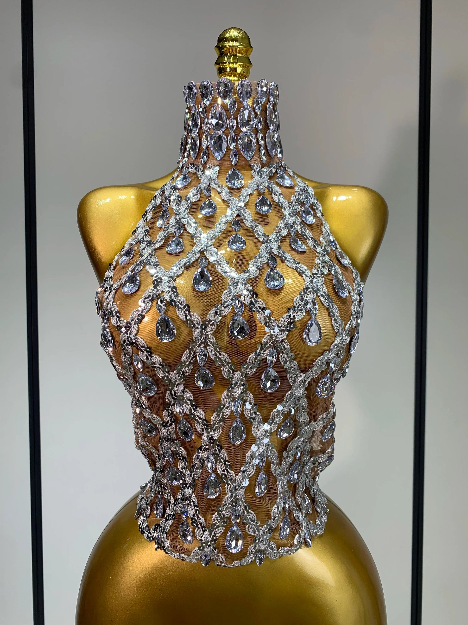 Sparkly Slver Rhinestone Sequins Mesh See Through Top Women Sexy Nightclub Evening Party Backless Spicy Girl Stage Outfit Silver