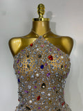 Colorful Crystals Diamond Women Sexy Halter Mesh See Through Bodycon Dress Nightclub Evening Party Celebrate Birthday Costume