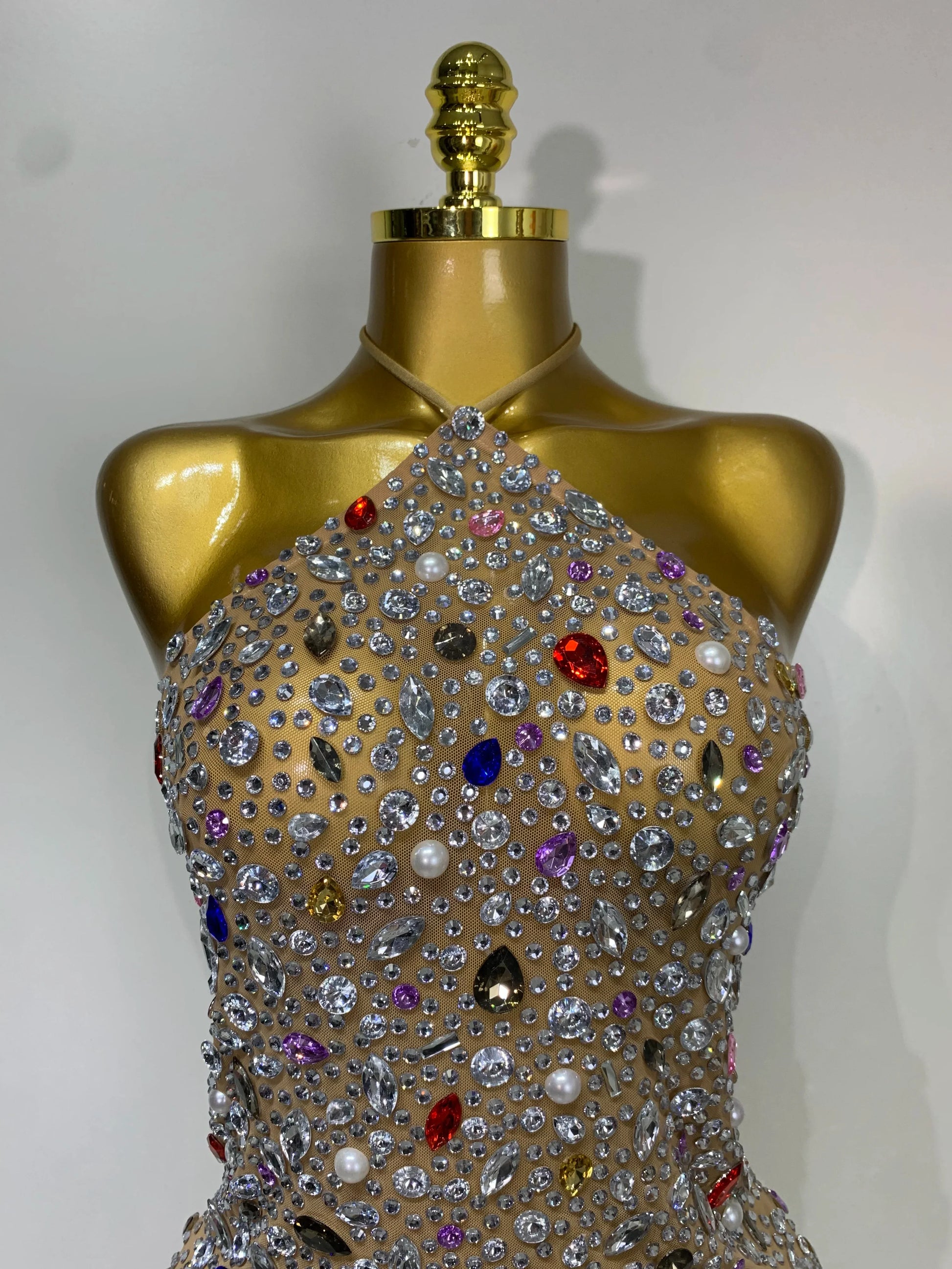 Colorful Crystals Diamond Women Sexy Halter Mesh See Through Bodycon Dress Nightclub Evening Party Celebrate Birthday Costume