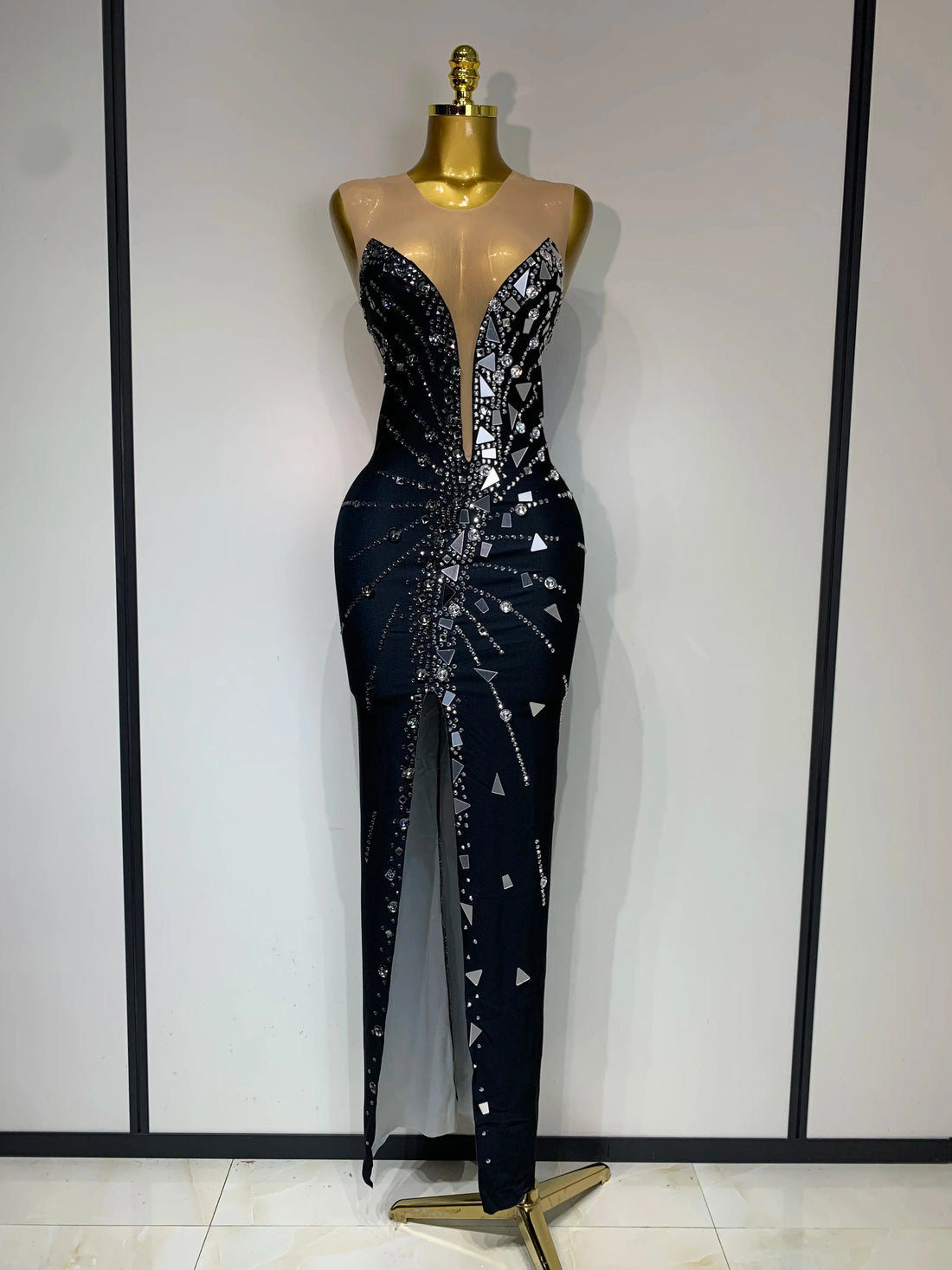 Black bowknot Lens Patchwork Dress Rhinestones Dress Women Party Long Dress Celebrate Evening Prom Dress Stage Festival Outfit black