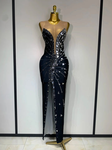 Black bowknot Lens Patchwork Dress Rhinestones Dress Women Party Long Dress Celebrate Evening Prom Dress Stage Festival Outfit black