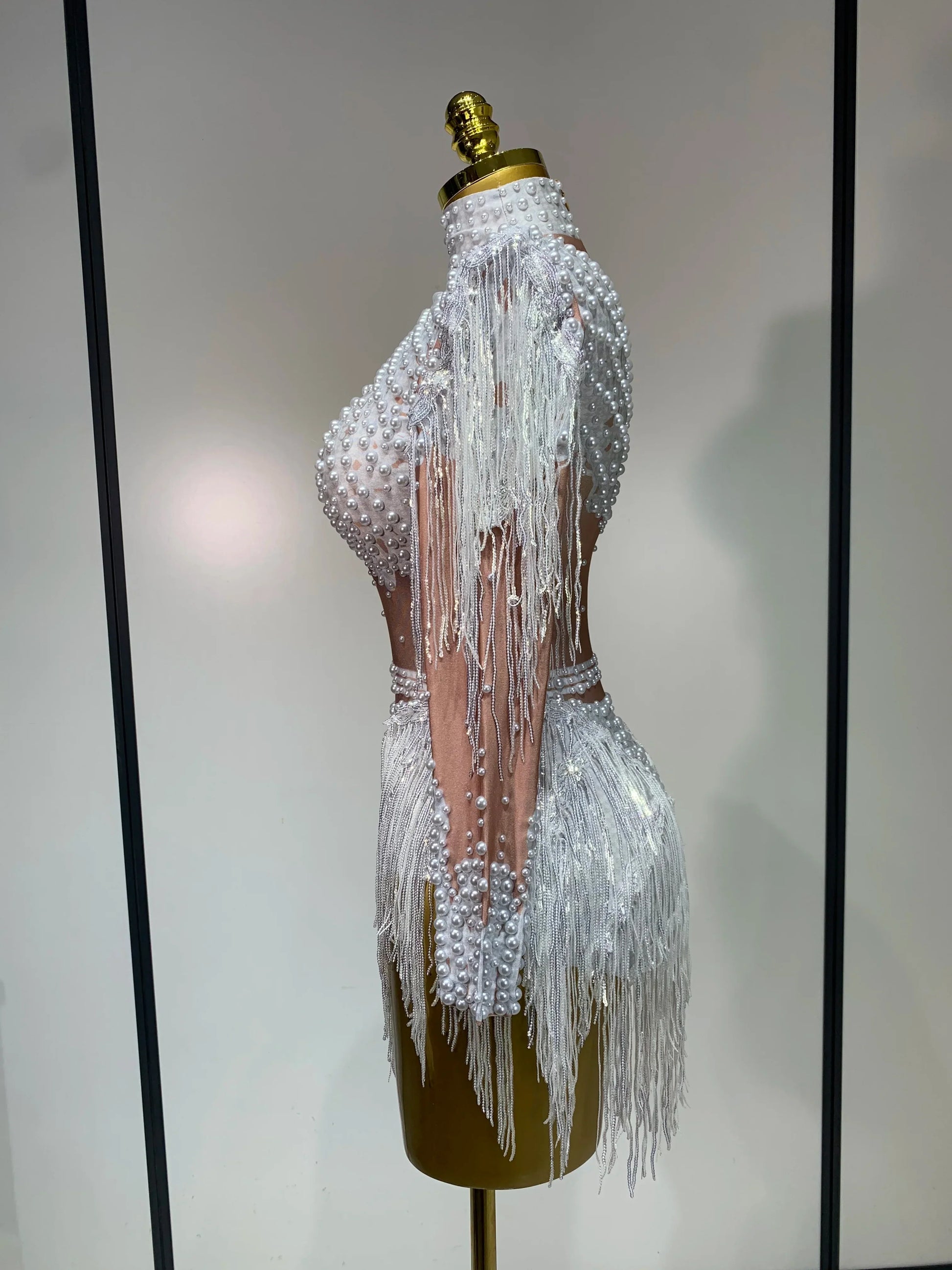 Women Long Sleeve Sexy Stretch Bodycon Shinning Tassels Rhinestones Bodysuit Celebrate Birthday Club Evening Party Stage Outfit