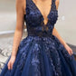 Navy Blue Evening Dresses Long Floor Length V Neck Sleeveless Floral Lace Applique Formal Party Women Prom Gowns Custom made