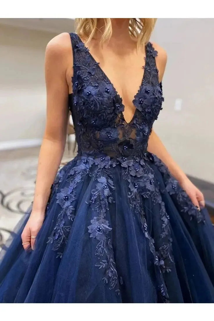 Navy Blue Evening Dresses Long Floor Length V Neck Sleeveless Floral Lace Applique Formal Party Women Prom Gowns Custom made Navy Blue
