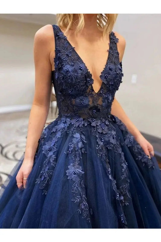 Vestidos de noche azules marinos, largo hasta el suelo, cuello en V, sin mangas, apliques de encaje floral, fiesta Formal, vestidos de graduación para mujer, hechos a medida