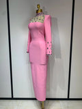Luxury Birthday Dresses Diamond Long Sleeve Pink Bodycon Bandage Dress Women Wedding Evening Prom Gowns