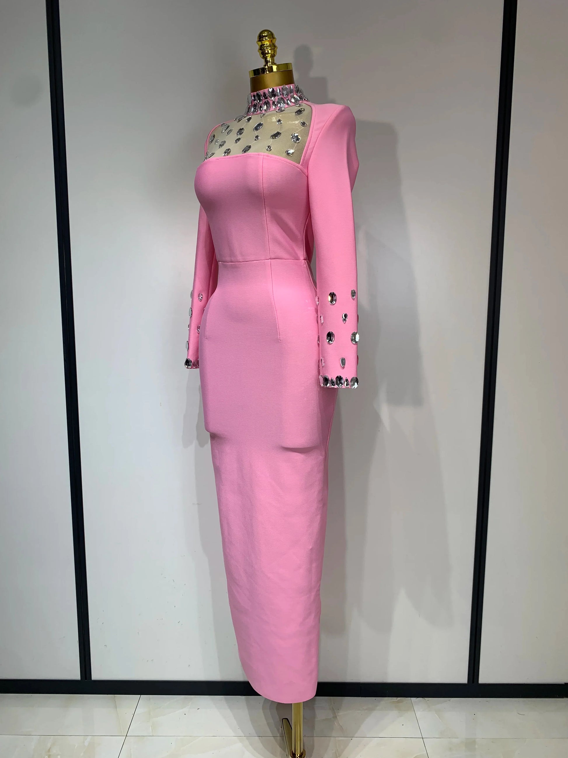 Luxury Birthday Dresses Diamond Long Sleeve Pink Bodycon Bandage Dress Women Wedding Evening Prom Gowns