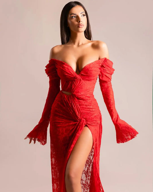 Vestidos largos de fiesta de encaje rojo dramático, vestido de fiesta de sirena con abertura larga, vestido de fiesta Formal personalizado 2024
