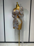 Sparkly Rhinestones Tassel Sexy Mesh Transparent Short Dress Women Evening Party Luxury Birthday Nightclub Singer Stage Costume