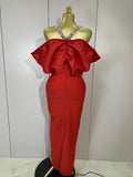 Luxury Rhinestone Chain Red Off Shoulder Vintage Butterfly Chic Bodycon Long Dress Elegant Evening Party Birtyday Clothing