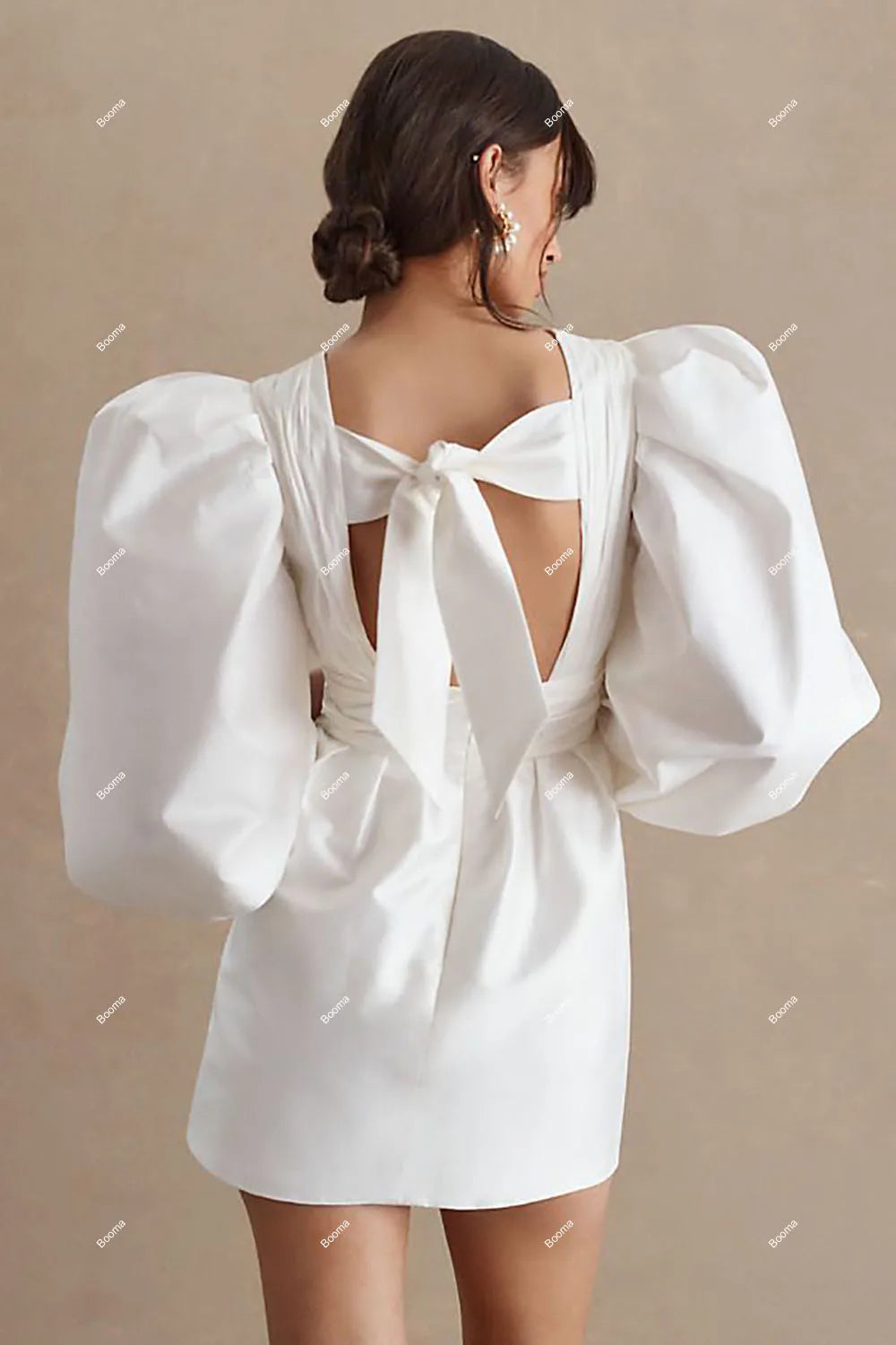 Gaun Pengantin Pendek A-Line Sederhana Depep v Neck Brides Dress Gaun Panjang Lengan Puff Gaun Koktail Gaun Prom Backless