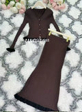 Knitted Long Skirt Set Long sleeved Wooden Ear Edge Single breasted Cardigan Knitted Coat+High Waist Skirt Two piece Set Chocolate
