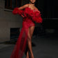 Sexy See Thru Red Prom Dresses with Sleeve Gloves Mini length Ruffled Tulle Night Club Party Dress Spaghetti Chic Cocktail Dress