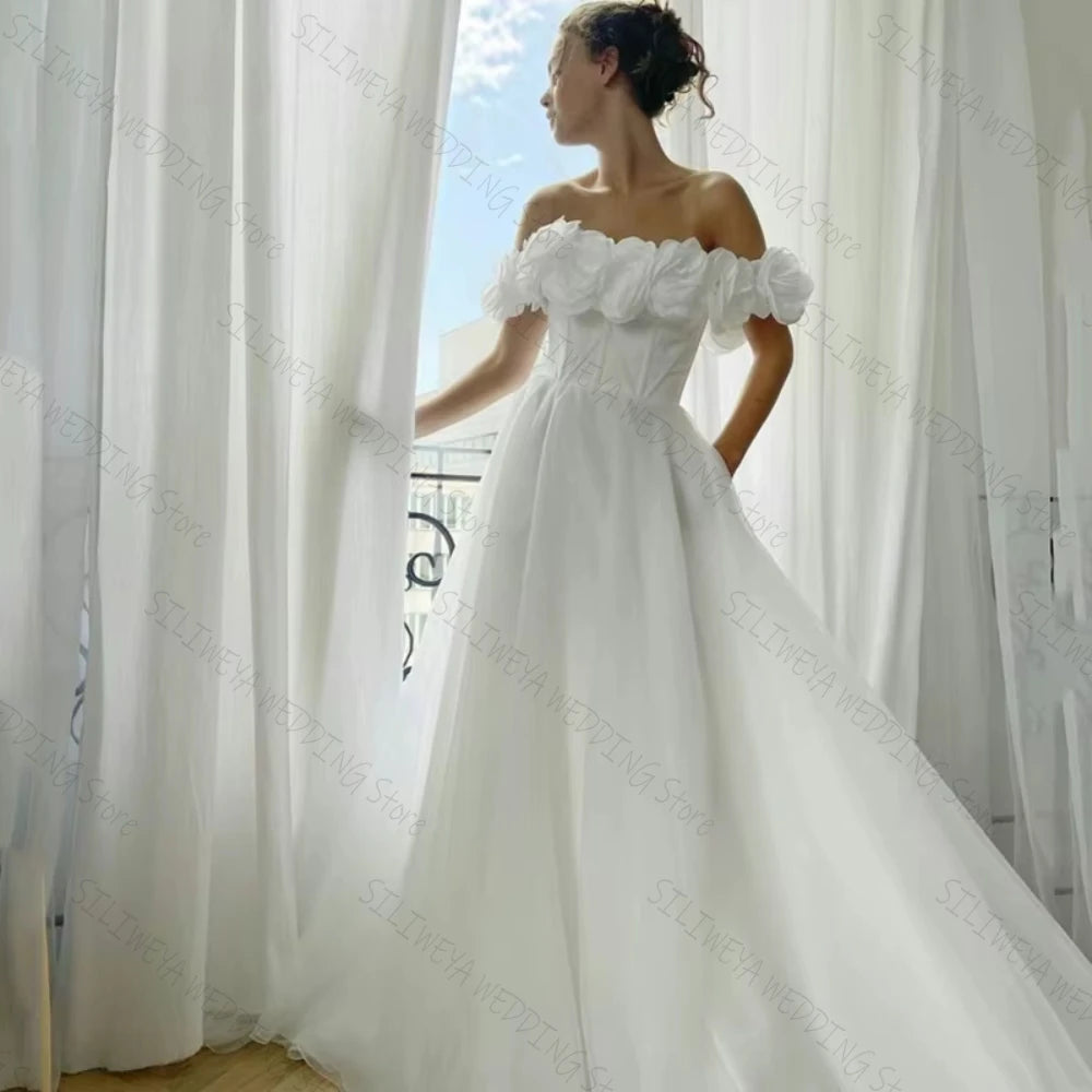 White Prom Dresses Off the Shoulder Handmade Flowers A Line Arabic Evening Gowns Elegant Women Customize Formal Party Dress white