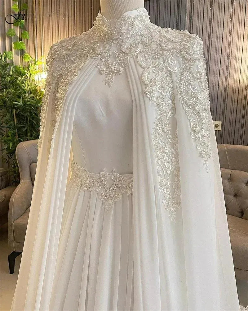Muslim Wedding Dress | Dubai Muslim Wedding Gowns for Bride Pearls Chiffon Appliques Arabic Bridal Dress with Cape Long Sleeves Vestidos Novias Boda Ivory 14w