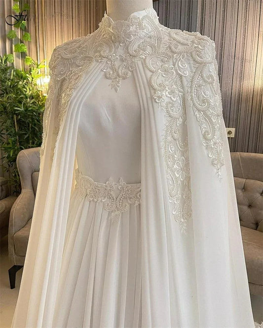 Dubai Muslim Wedding Gowns for Bride Pearls Chiffon Appliques Arabic Bridal Dress with Cape Long Sleeves Vestidos Novias Boda