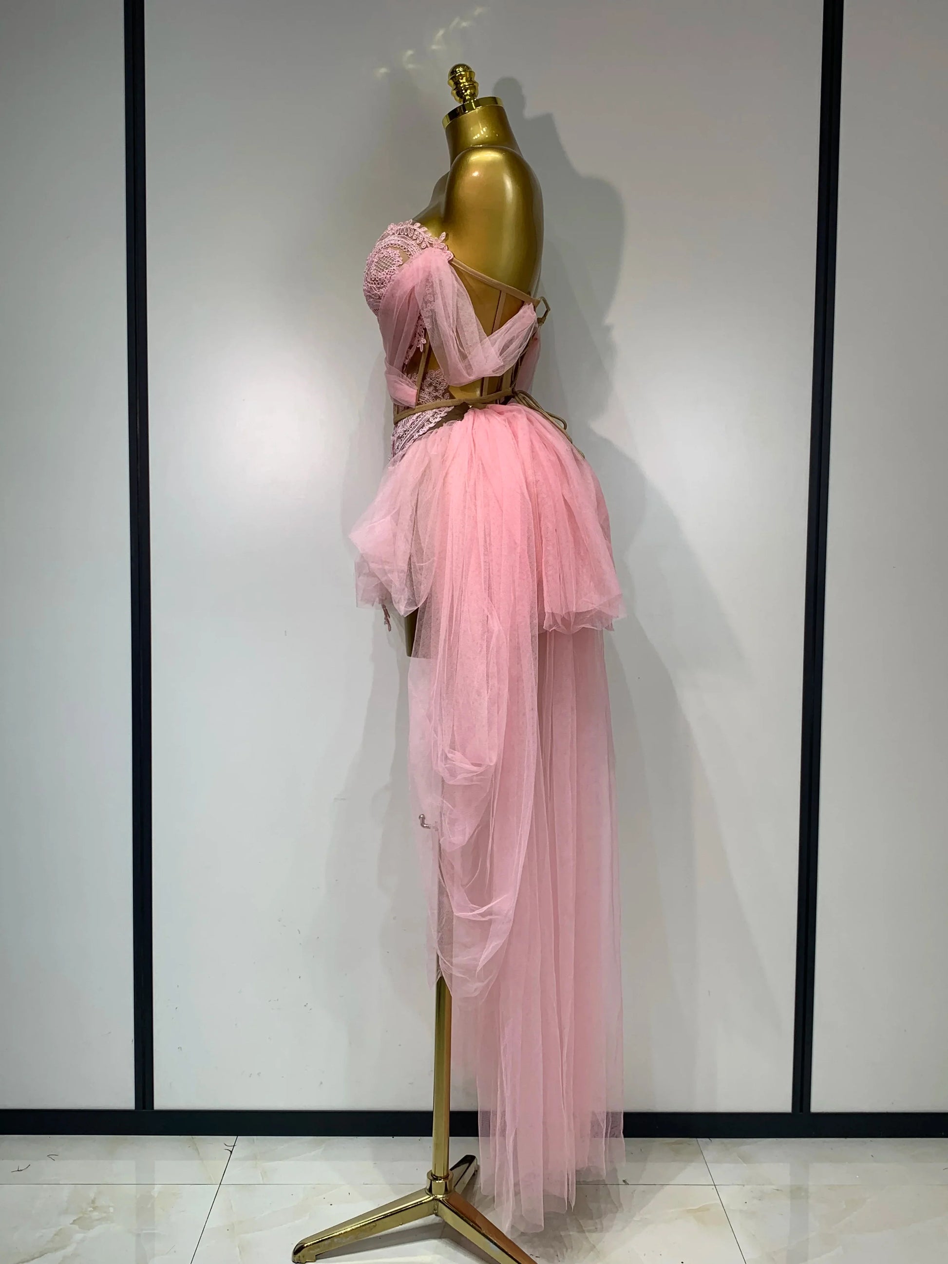 Women Sexy Strapless Pink Mesh Two Pieces Set Prom Gown Celebrate Birthday Nightclub Party Singer Stage Performance Costume