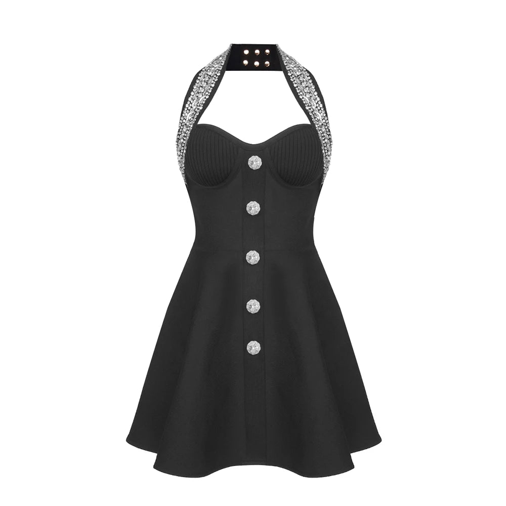 Fashion Summer Womens Dresses Luxury Diamond Halter Sleeveless Black Bandage A-Line Short Dress black